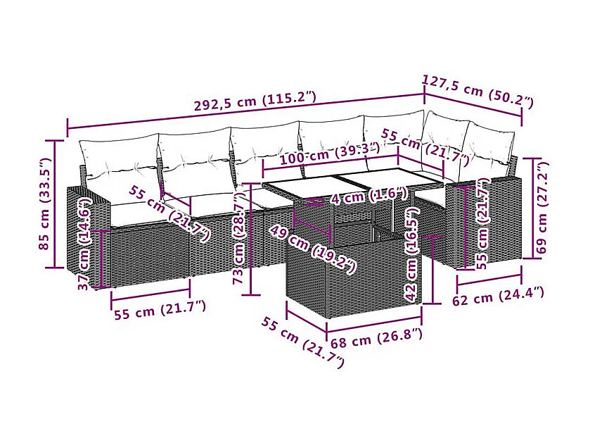 Salon de jardin avec coussins 7 pcs marron résine tressée