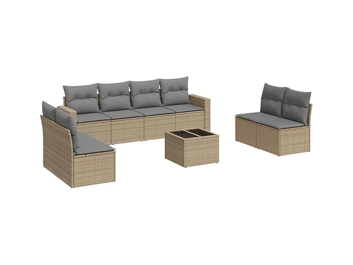 Salon de jardin avec coussins 9 pcs beige résine tressée