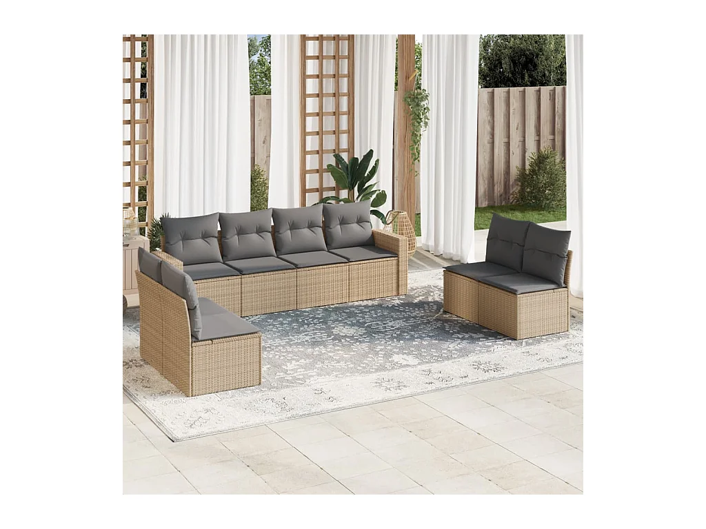 Salon de jardin avec coussins 9 pcs beige résine tressée