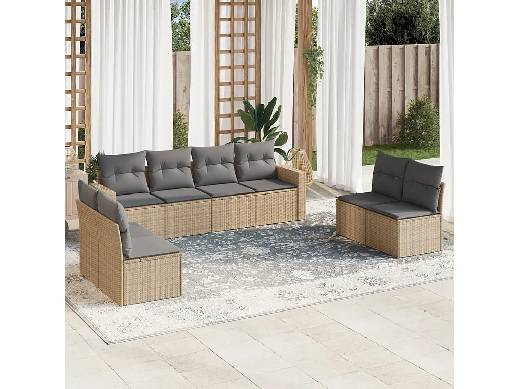 Salon de jardin avec coussins 9 pcs beige résine tressée