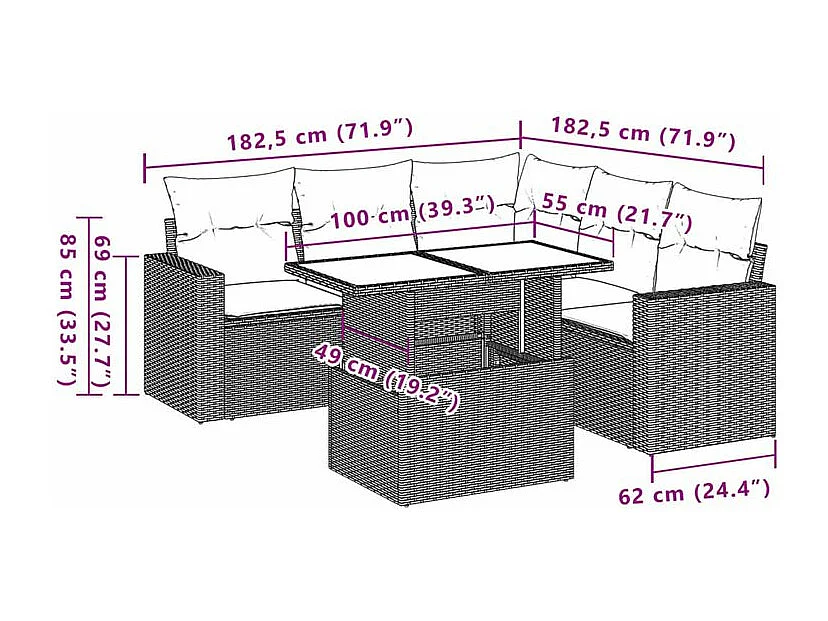 Salon de jardin avec coussins 6 pcs marron résine tressée