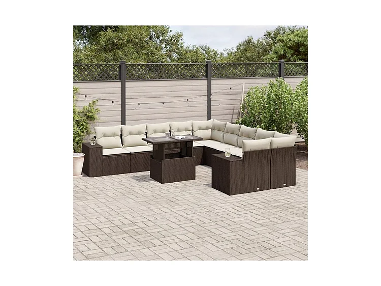 Salon de jardin et coussins 11 pcs marron résine tressée