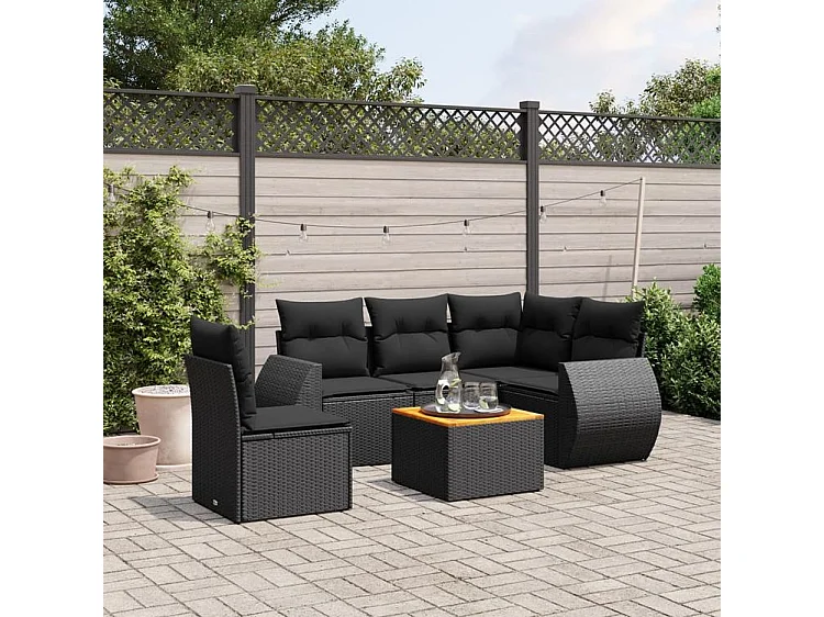 Salon de jardin 6 pcs avec coussins noir résine tressée