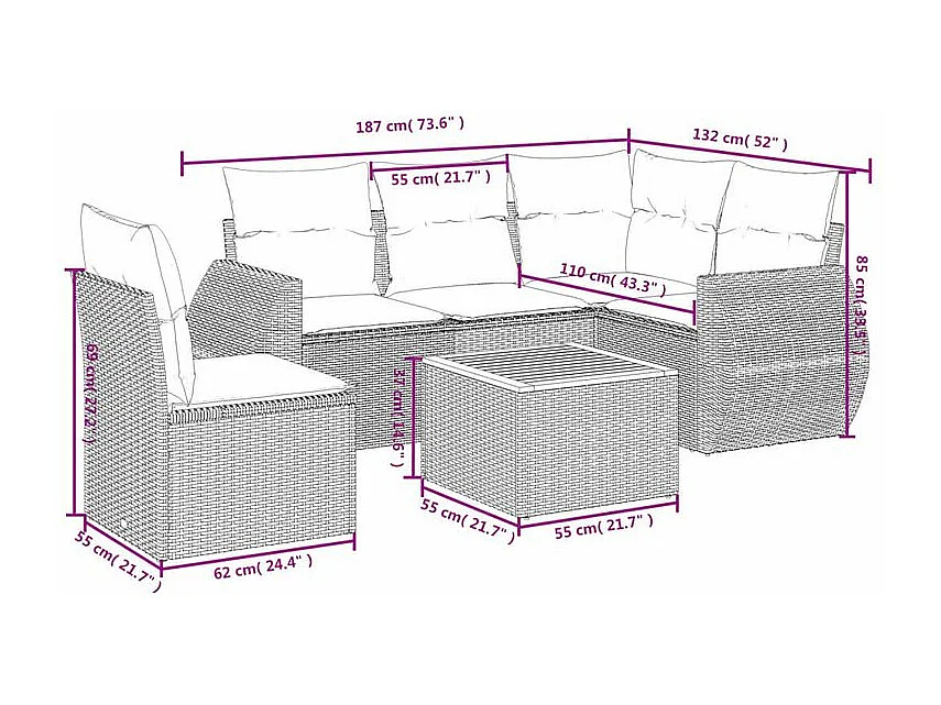 Salon de jardin 6 pcs avec coussins noir résine tressée