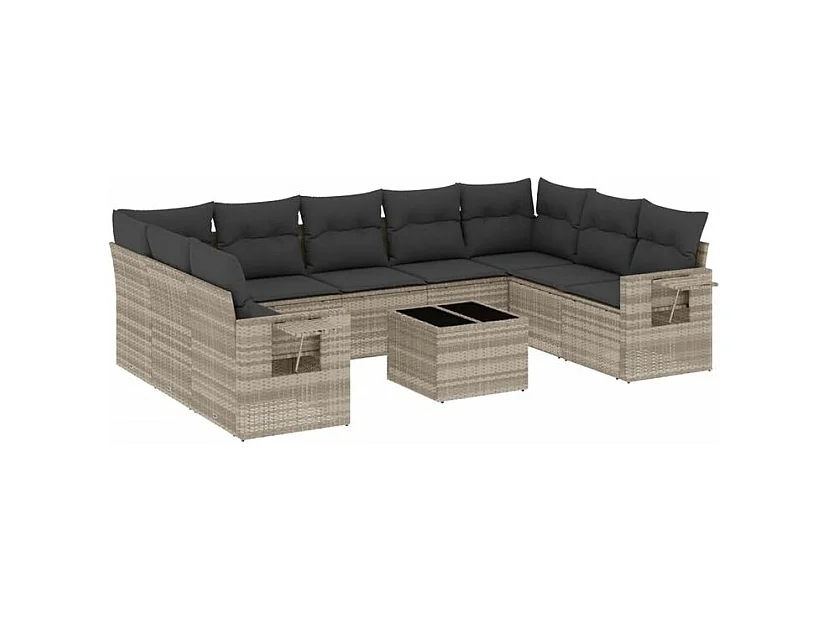 Salon de jardin avec coussins 10 pcs gris clair résine tressée