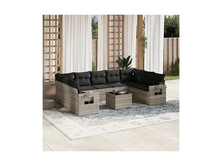 Salon de jardin avec coussins 10 pcs gris clair résine tressée