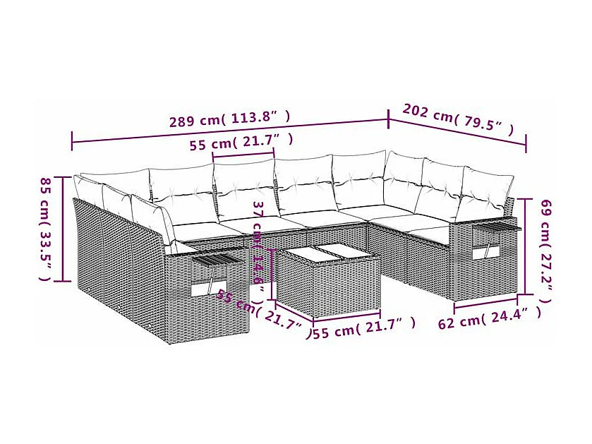 Salon de jardin avec coussins 10 pcs gris clair résine tressée