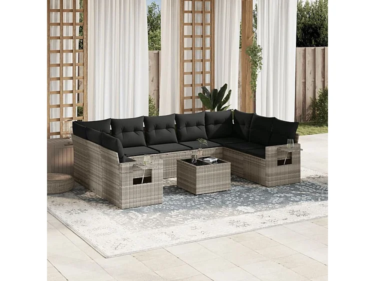 Salon de jardin avec coussins 10 pcs gris clair résine tressée