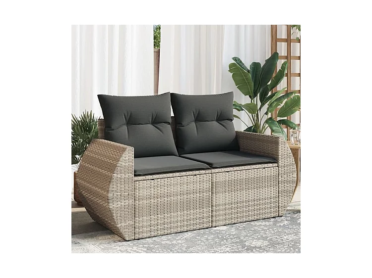Canapé de jardin 2 places et coussins gris clair résine tressée