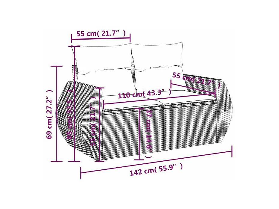 Canapé de jardin 2 places et coussins gris clair résine tressée