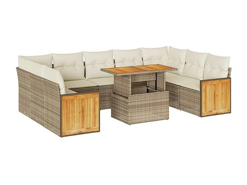 Salon de jardin avec coussins 10pcs beige résine tressée acacia