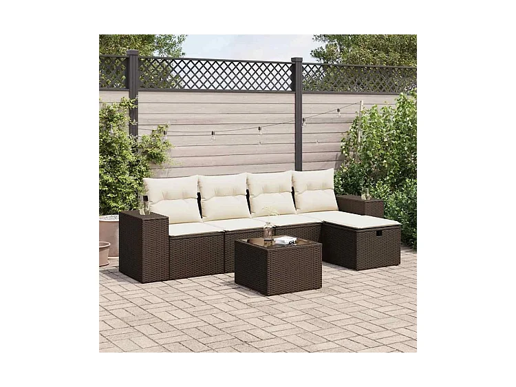 Salon de jardin avec coussins 6 pcs marron résine tressée