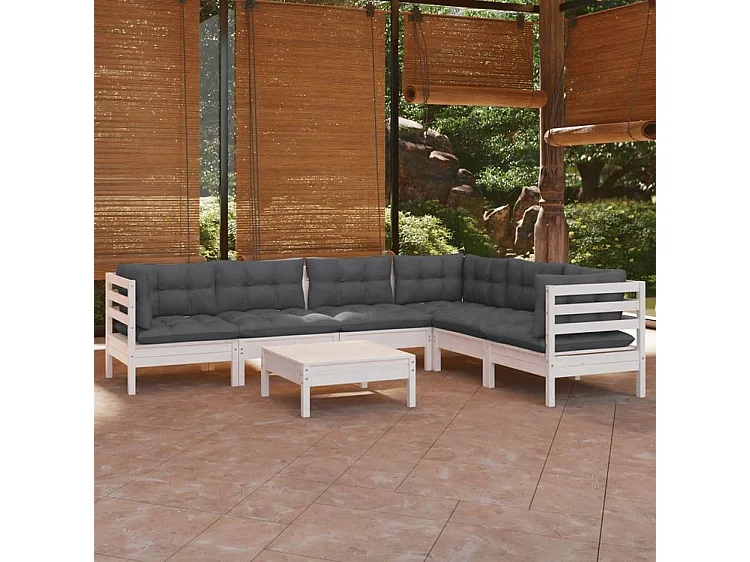 Salon de jardin 7 pcs avec coussins blanc bois de pin solide