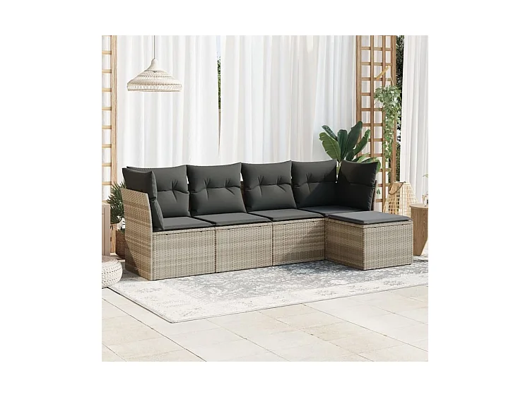 Salon de jardin 5 pcs avec coussins gris clair résine tressée