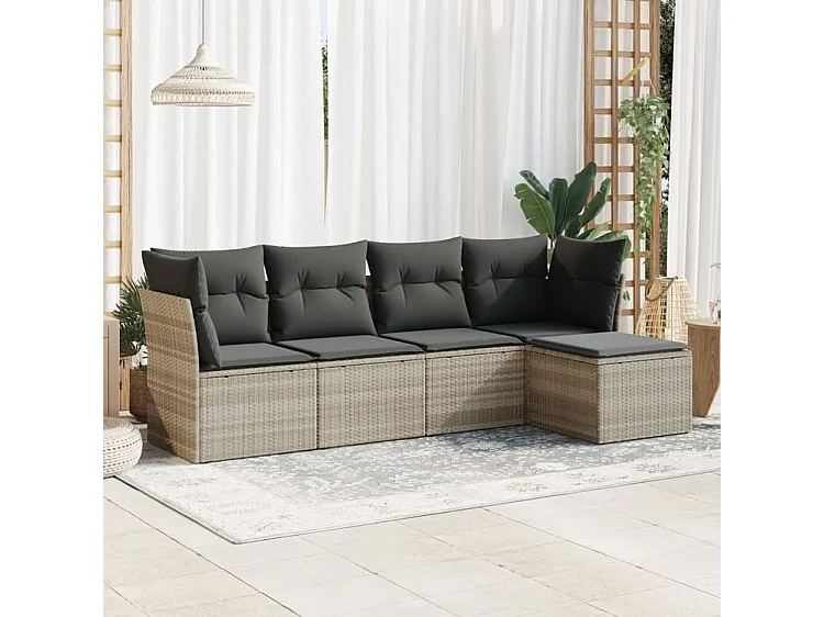 Salon de jardin 5 pcs avec coussins gris clair résine tressée