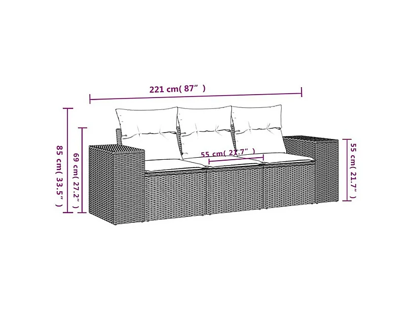 Salon de jardin avec coussins 3 pcs marron résine tressée