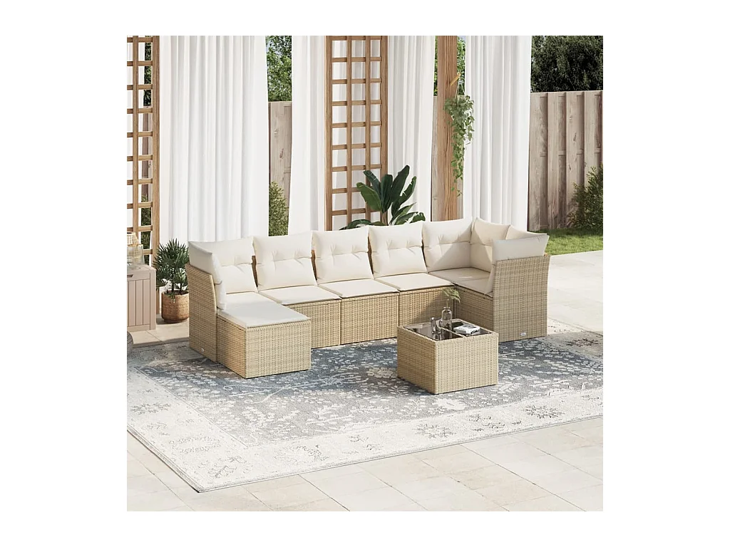 Salon de jardin avec coussins 8 pcs beige résine tressée