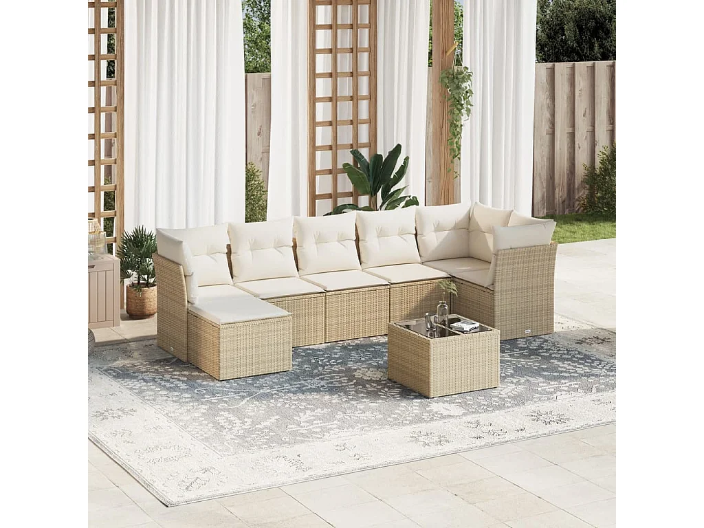 Salon de jardin avec coussins 8 pcs beige résine tressée