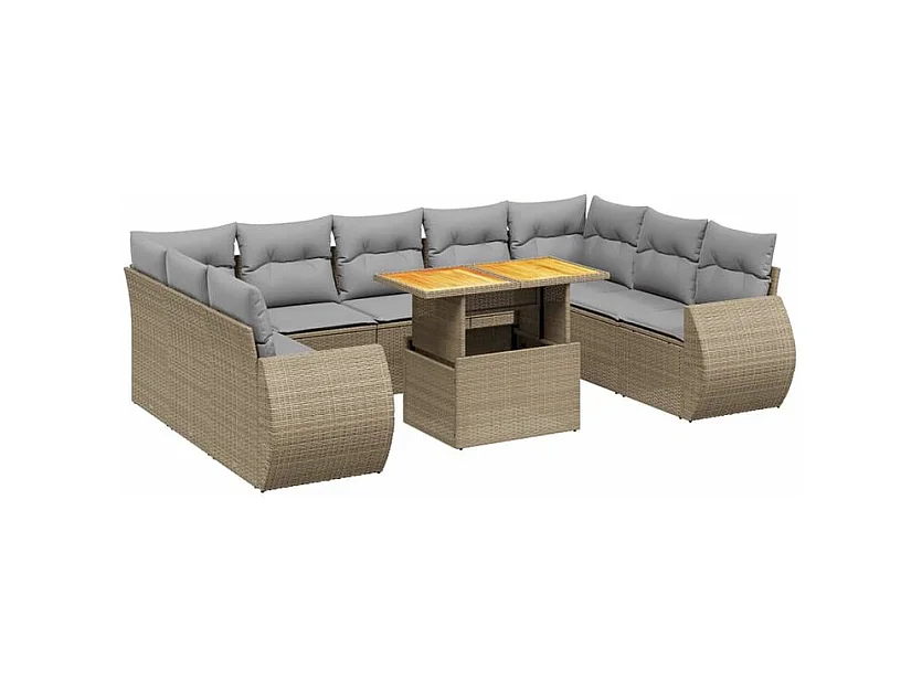 Salon de jardin avec coussins 10 pcs beige résine tressée