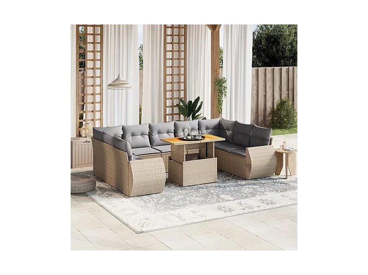 Salon de jardin avec coussins 10 pcs beige résine tressée
