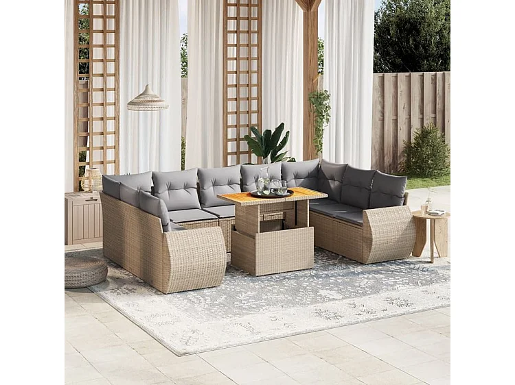 Salon de jardin avec coussins 10 pcs beige résine tressée