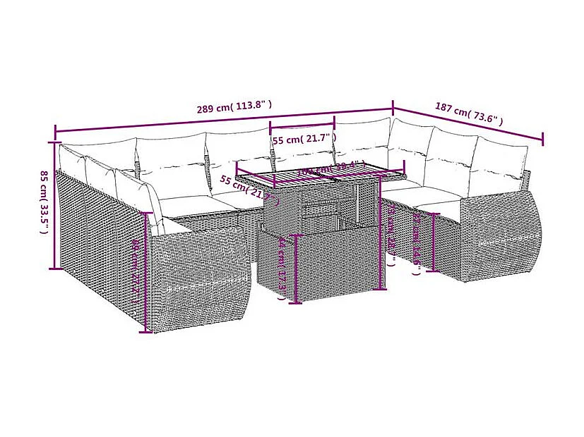 Salon de jardin avec coussins 10 pcs beige résine tressée