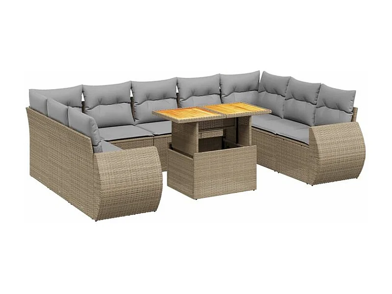 Salon de jardin avec coussins 10 pcs beige résine tressée