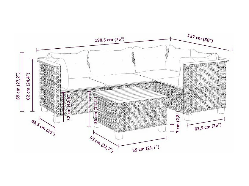 Salon de jardin avec coussins 5 pcs beige résine tressée