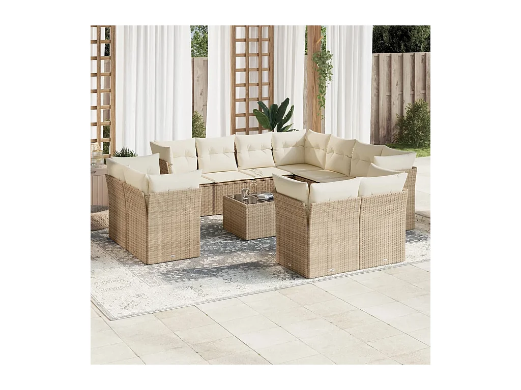 Salon de jardin avec coussins 12 pcs beige résine tressée
