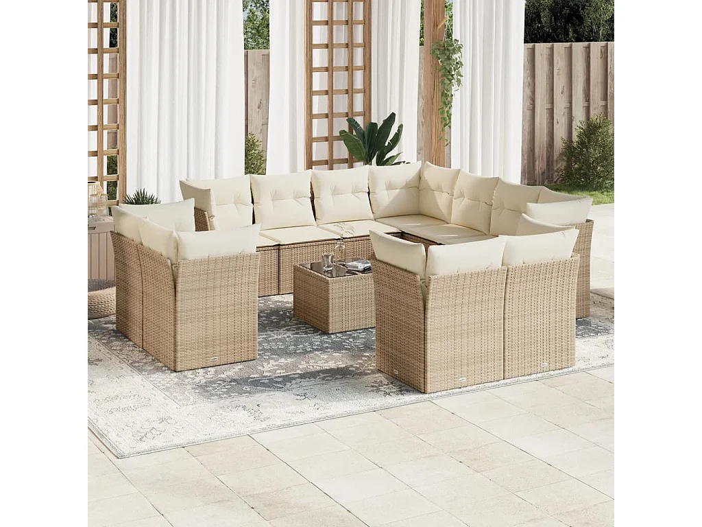 Salon de jardin avec coussins 12 pcs beige résine tressée