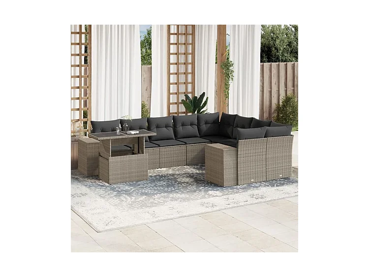 Salon de jardin avec coussins 10 pcs gris clair résine tressée