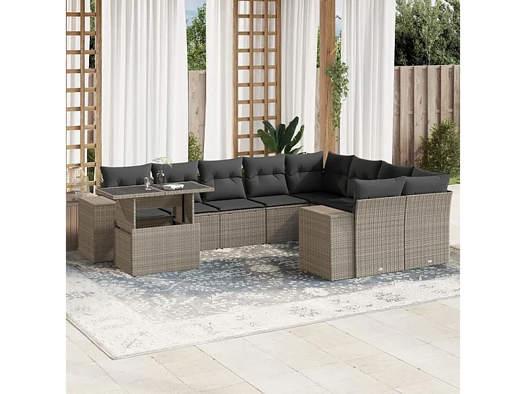 Salon de jardin avec coussins 10 pcs gris clair résine tressée