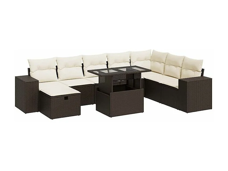 Salon de jardin avec coussins 9 pcs marron résine tressée