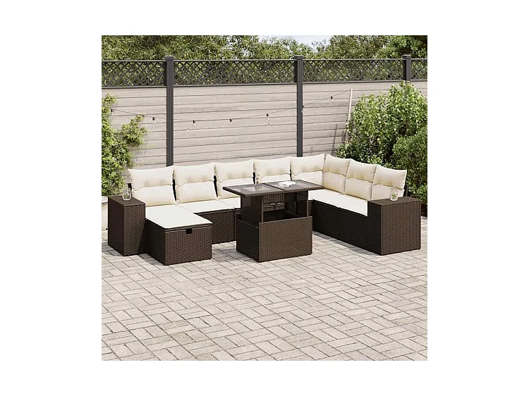 Salon de jardin avec coussins 9 pcs marron résine tressée