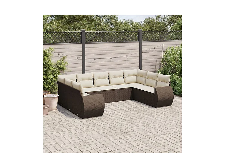 Salon de jardin avec coussins 9 pcs marron résine tressée