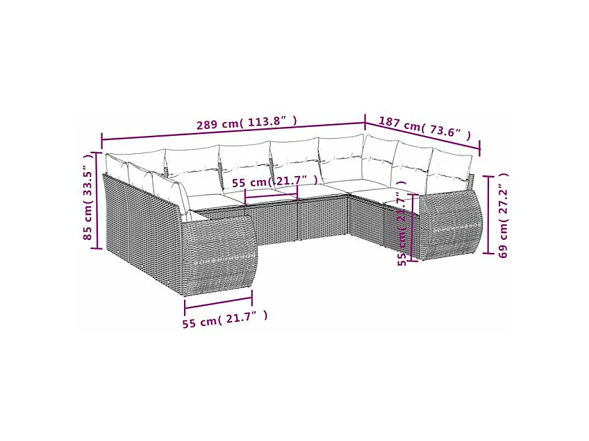 Salon de jardin avec coussins 9 pcs marron résine tressée