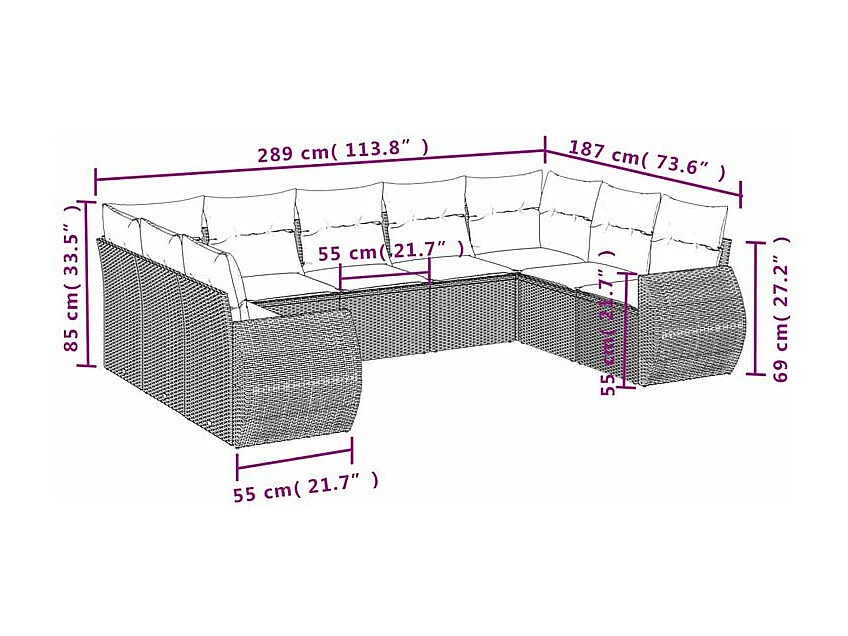 Salon de jardin avec coussins 9 pcs marron résine tressée