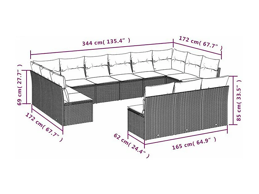 Salon de jardin avec coussins 13 pcs gris clair résine tressée