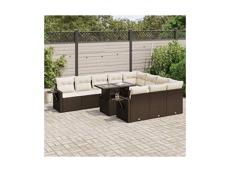 Salon de jardin et coussins 11 pcs marron résine tressée