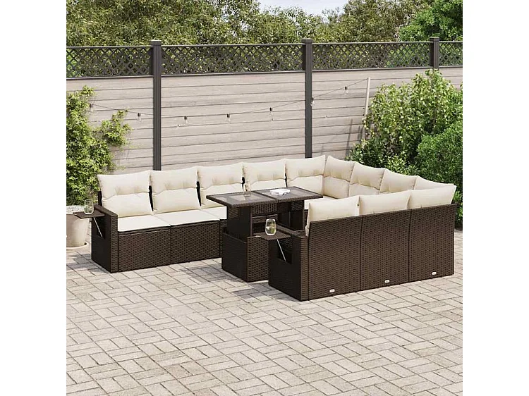 Salon de jardin et coussins 11 pcs marron résine tressée