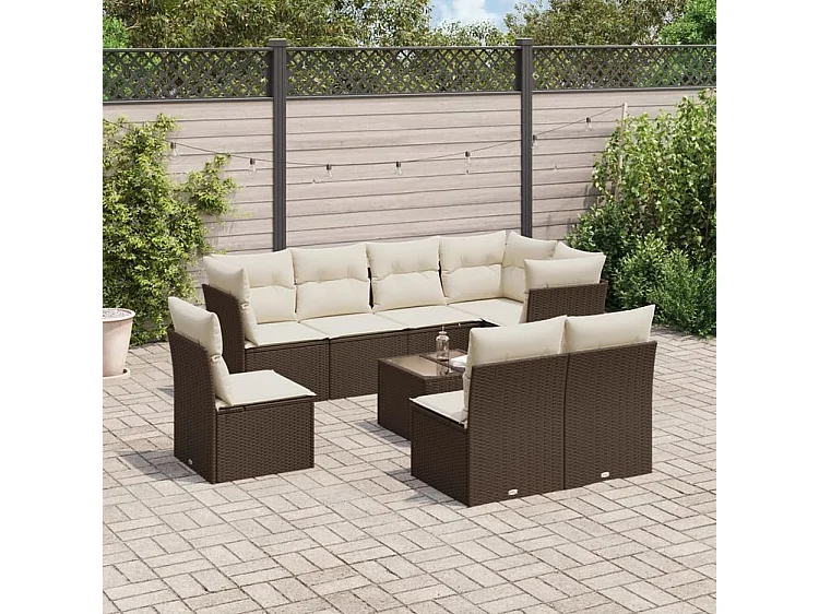 Salon de jardin avec coussins 9 pcs marron résine tressée