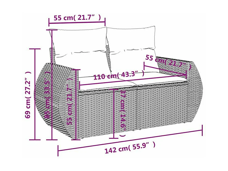Canapé de jardin avec coussins 2 places marron résine tressée