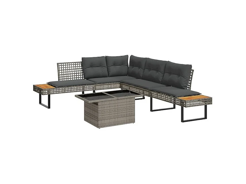 Salon de jardin avec coussins 2pcs gris résine tressée et verre