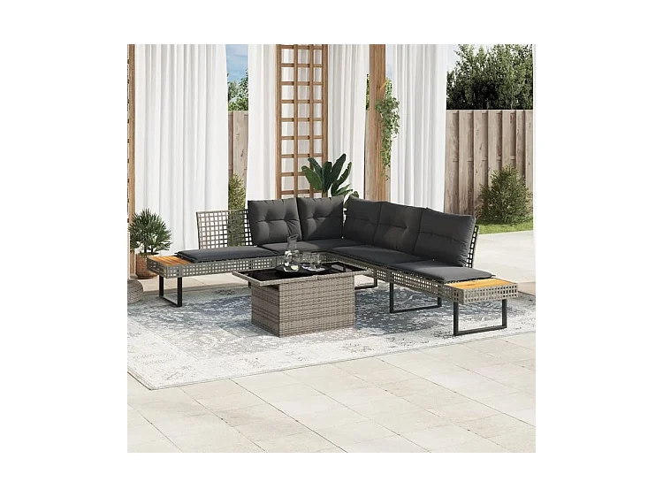 Salon de jardin avec coussins 2pcs gris résine tressée et verre