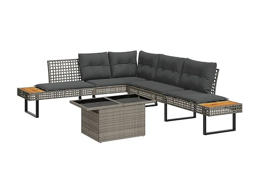 Salon de jardin avec coussins 2pcs gris résine tressée et verre