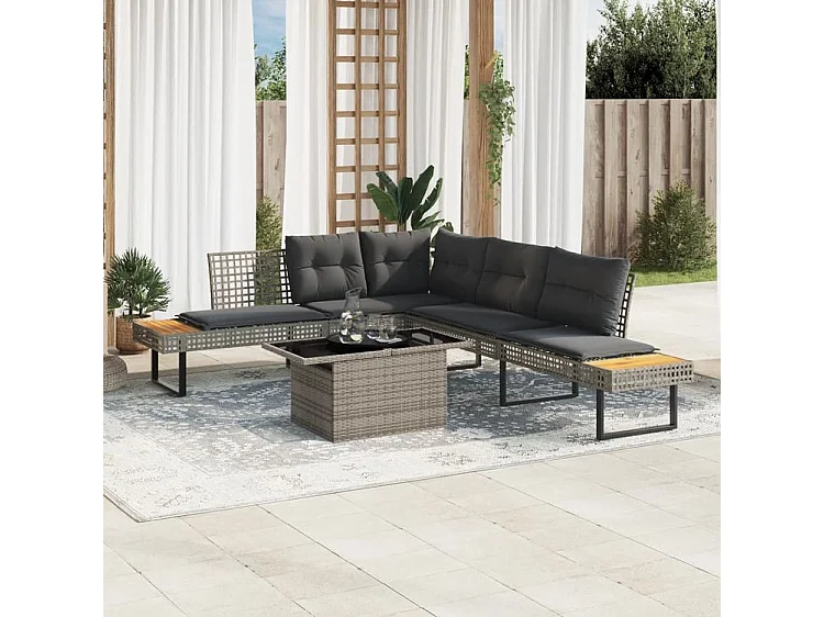 Salon de jardin avec coussins 2pcs gris résine tressée et verre