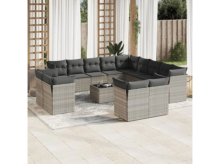 Salon de jardin avec coussins 14 pcs gris clair résine tressée