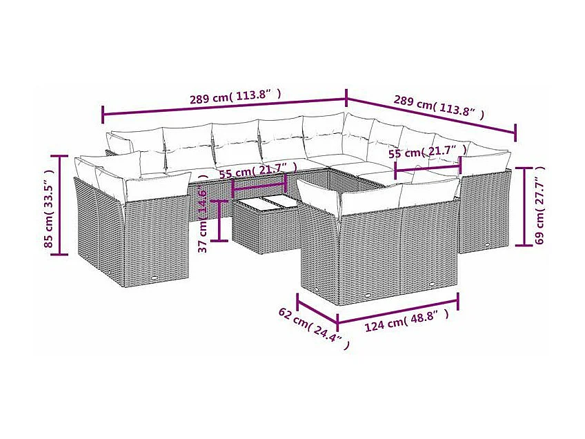 Salon de jardin avec coussins 14 pcs gris clair résine tressée