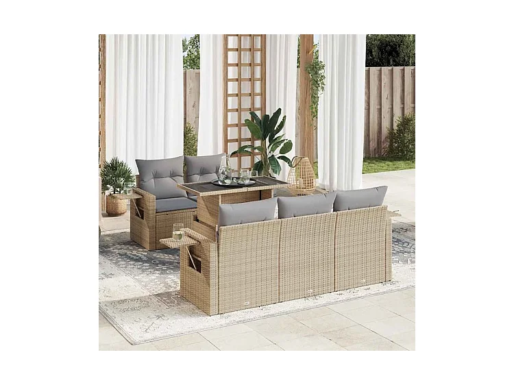 Salon de jardin avec coussins 6 pcs beige résine tressée