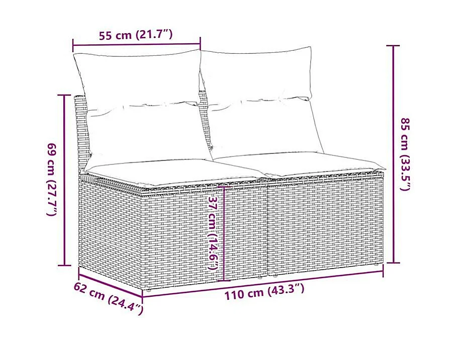 Salon de jardin 2 pcs avec coussins gris résine tressée acacia